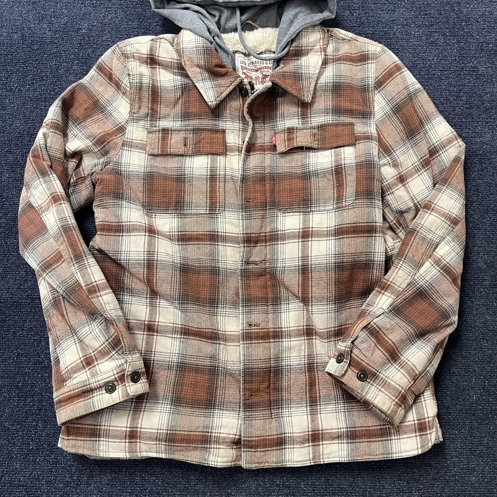 Levis Jacket Mens Medium Brown Plaid Sherpa Lined Hooded Flannel Parka Workwear